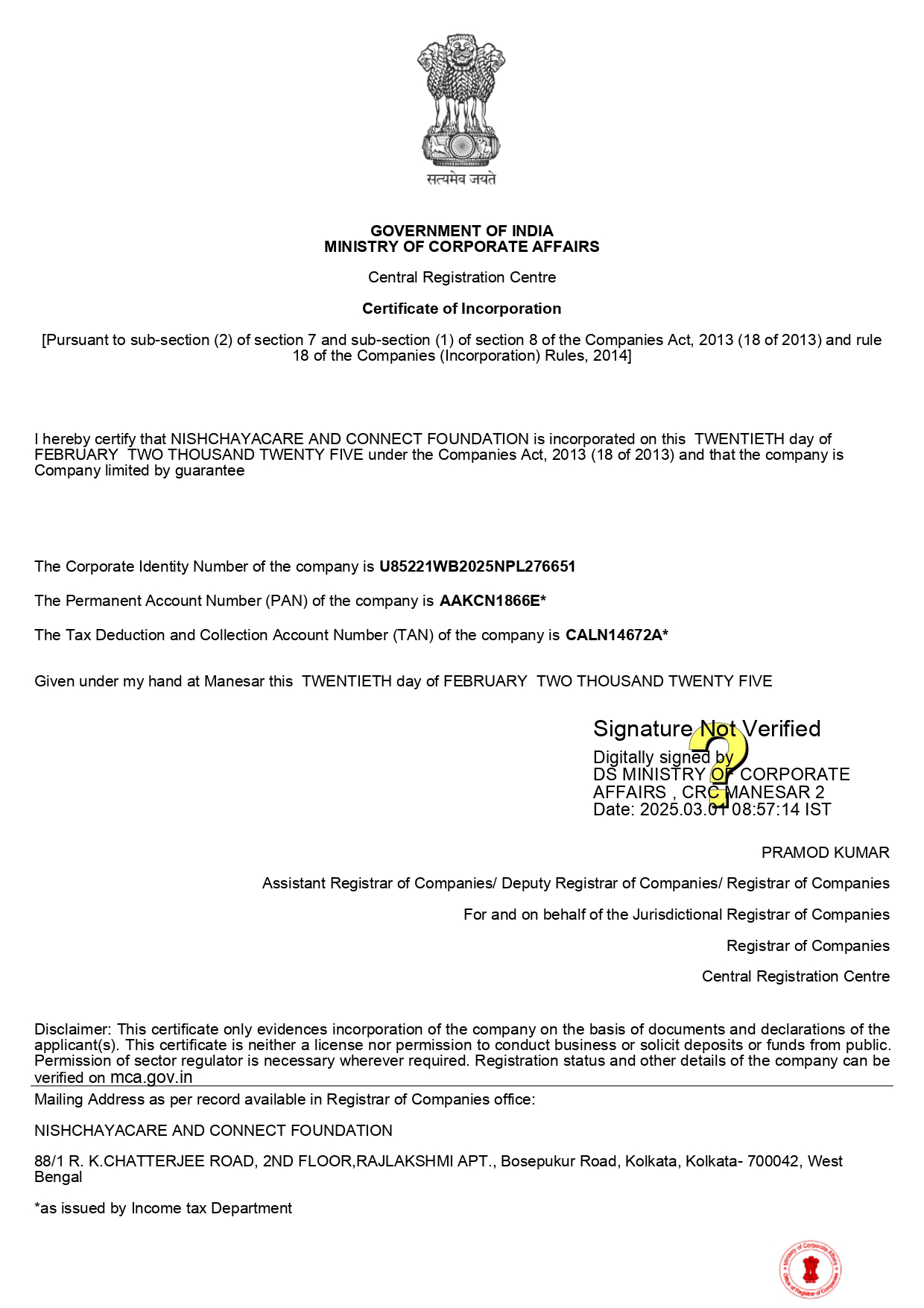 Certificate of incorporation